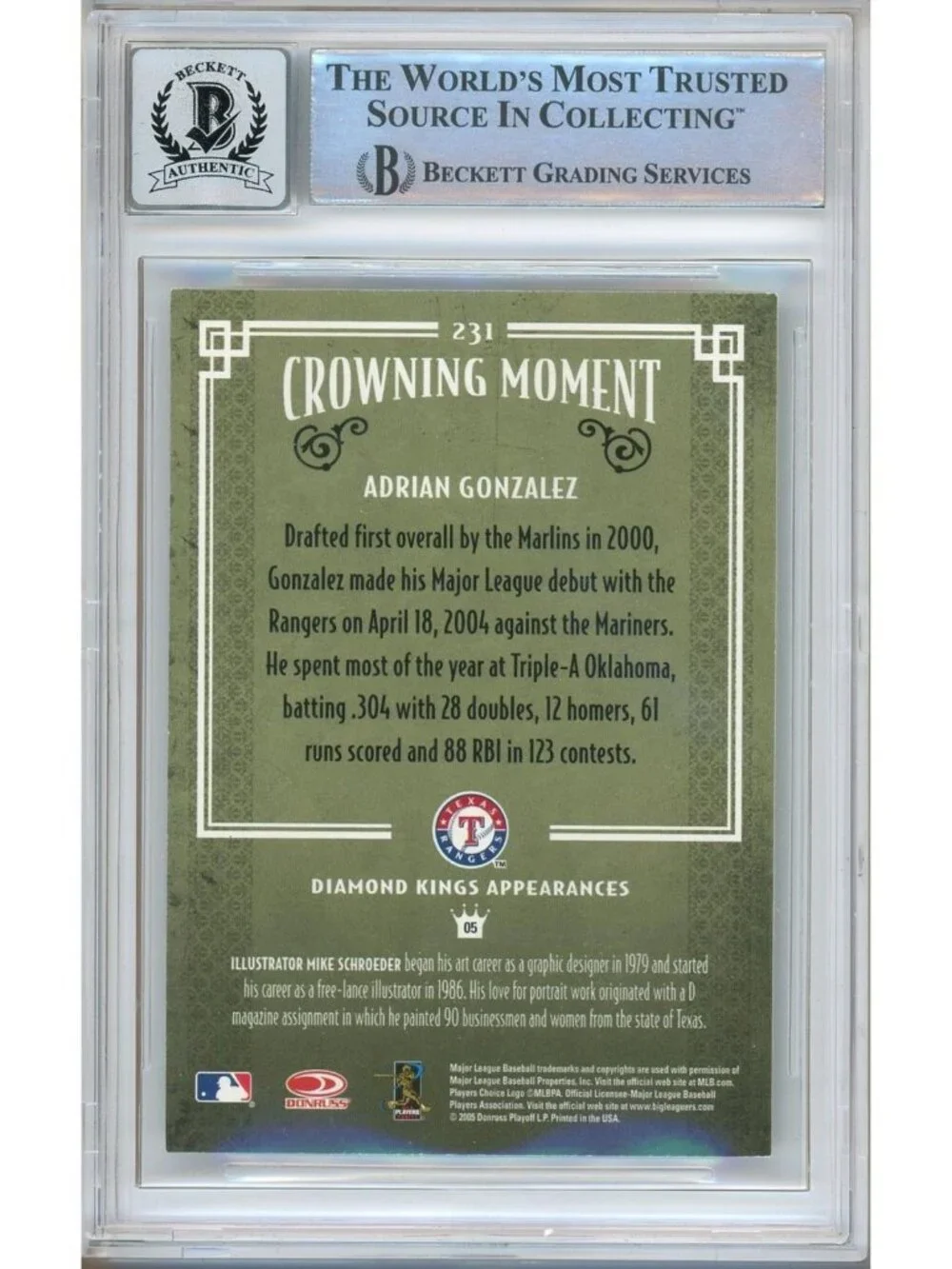 Adrian Gonzalez Signed 2005 Donruss Diamond Kings #231 BGS 10 Auto Rangers Card